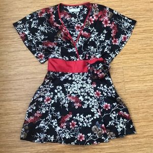 ZARA Black and Pink Floral Satin Japanese Kimono Mini Dress Faux Wrap XS